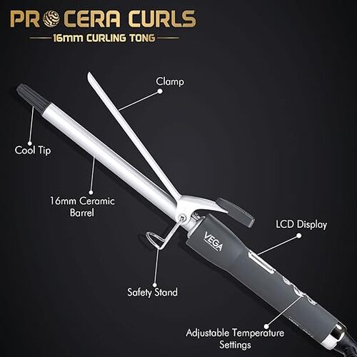 Vega - Pro Cera Curls 16mm Tong Curler (VPMCT-01) Curling Tong - Pack Of 1