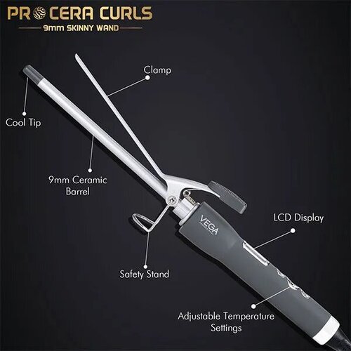 Vega - Pro Cera Curls 9mm Tong Curler (VPMCT-07) Skinny Wand Cruler - Pack Of 1